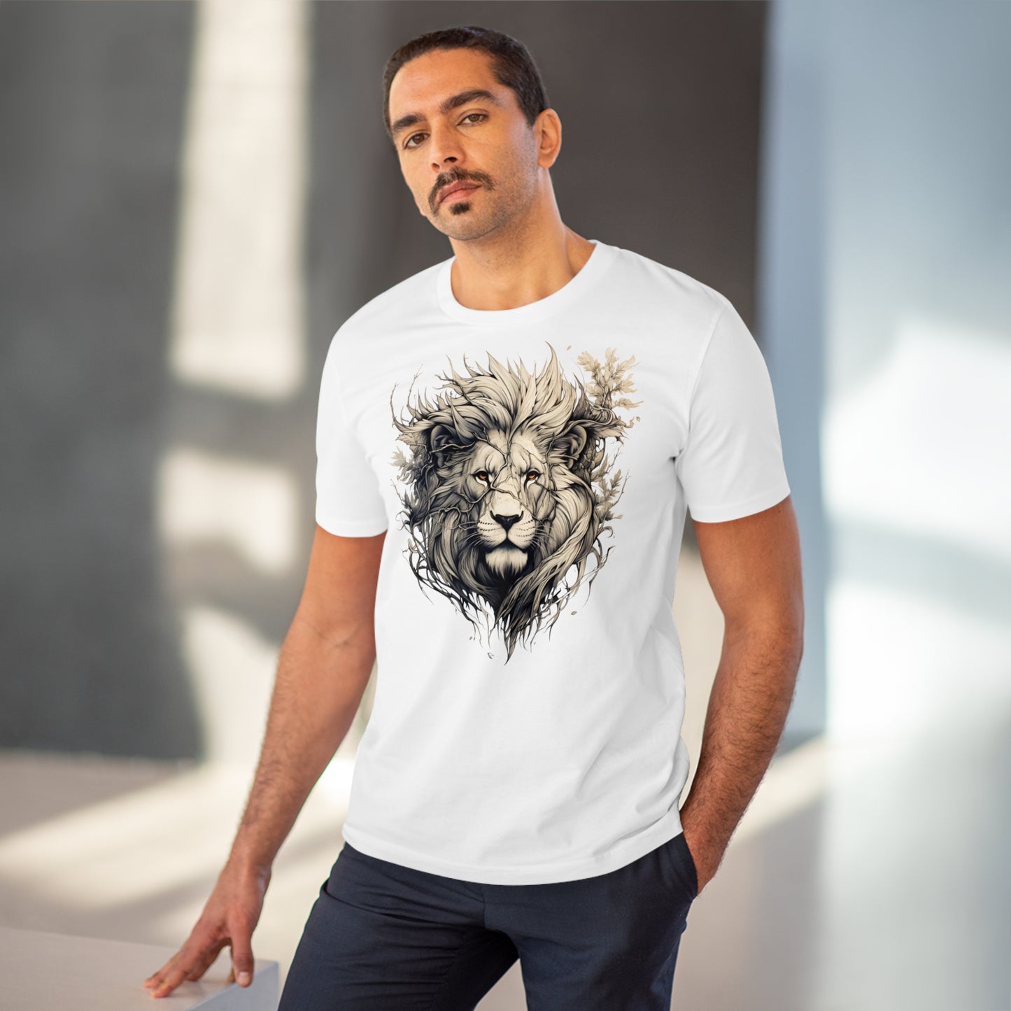 100% Organic Cotton T-shirt - Wild Design - Lion Mix With Nature - Unisex