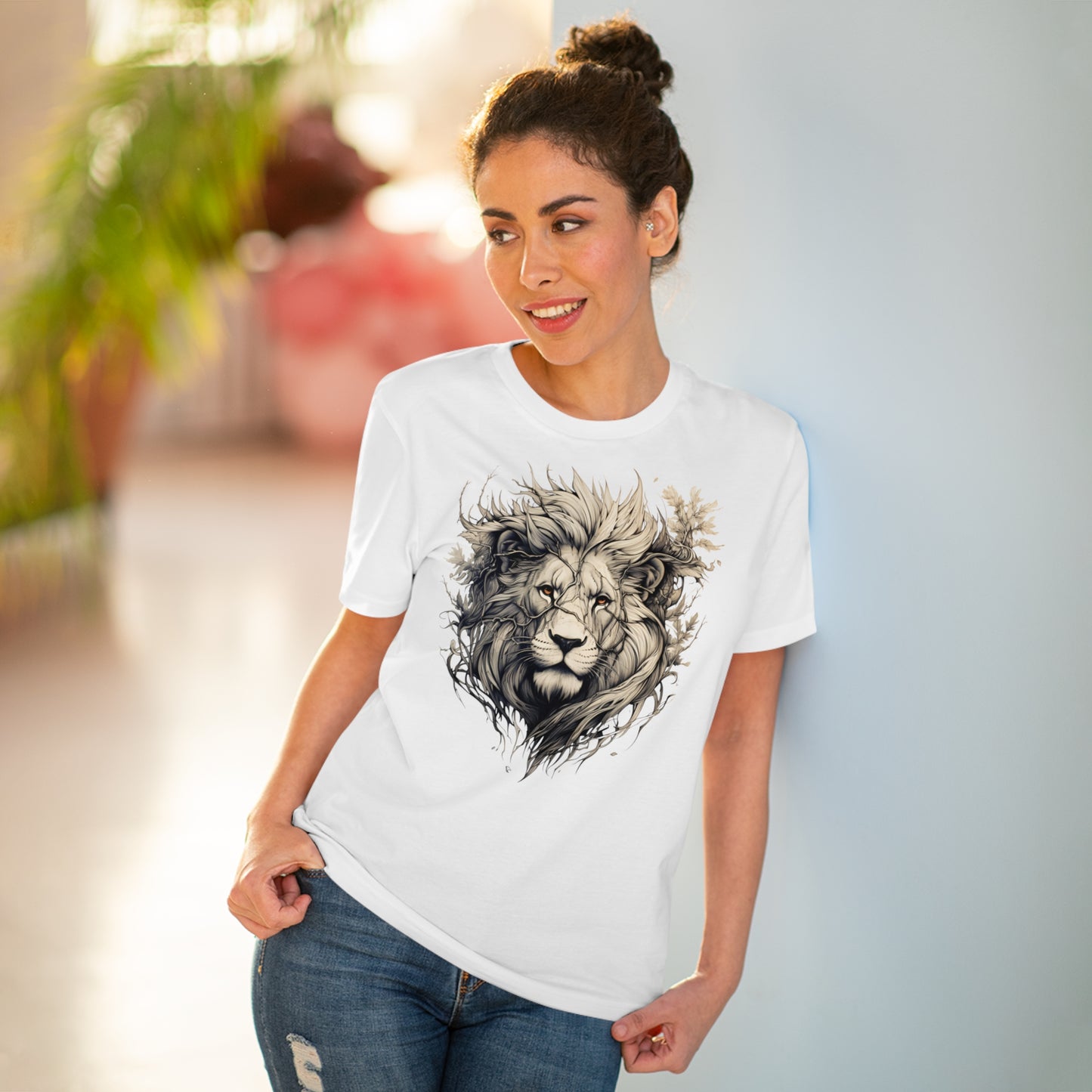 100% Organic Cotton T-shirt - Wild Design - Lion Mix With Nature - Unisex