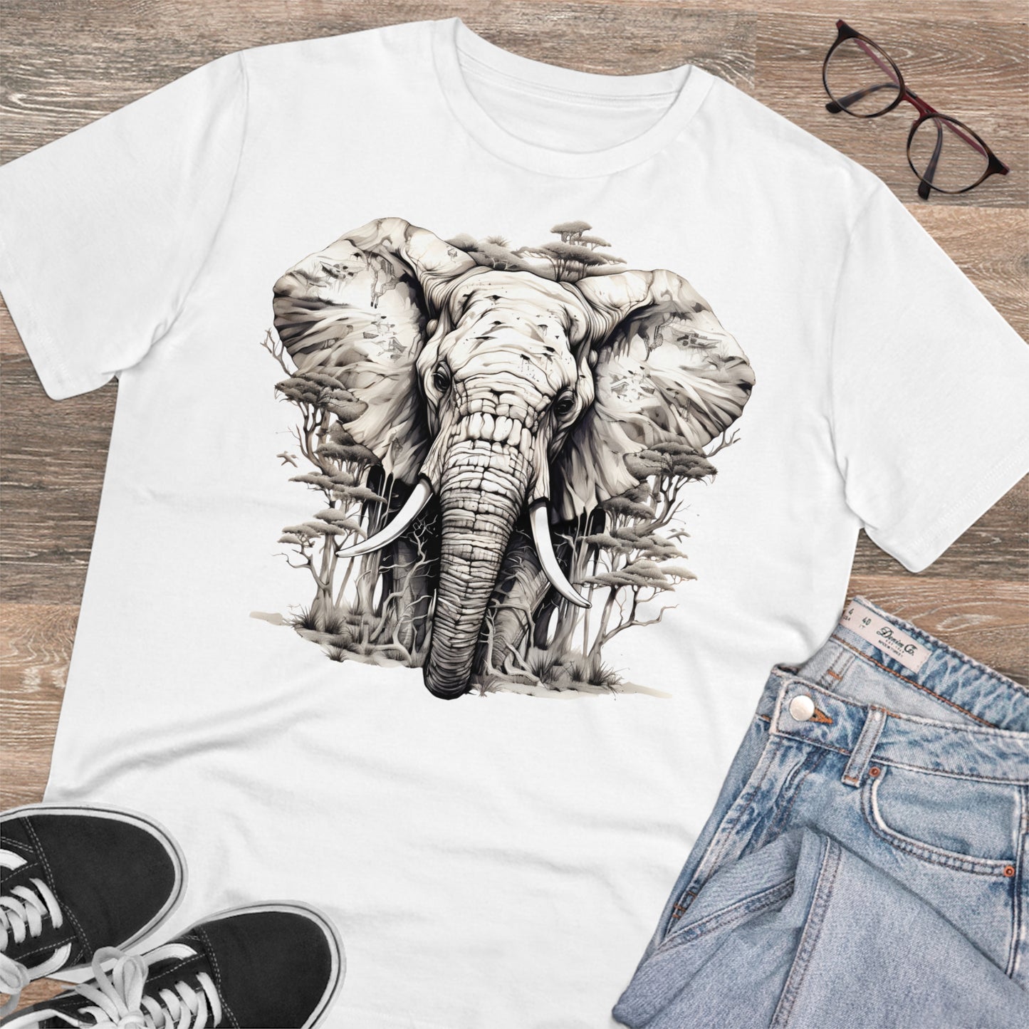 100% Organic Cotton T-shirt - Wild Design - Elephant Mix With Nature - Unisex