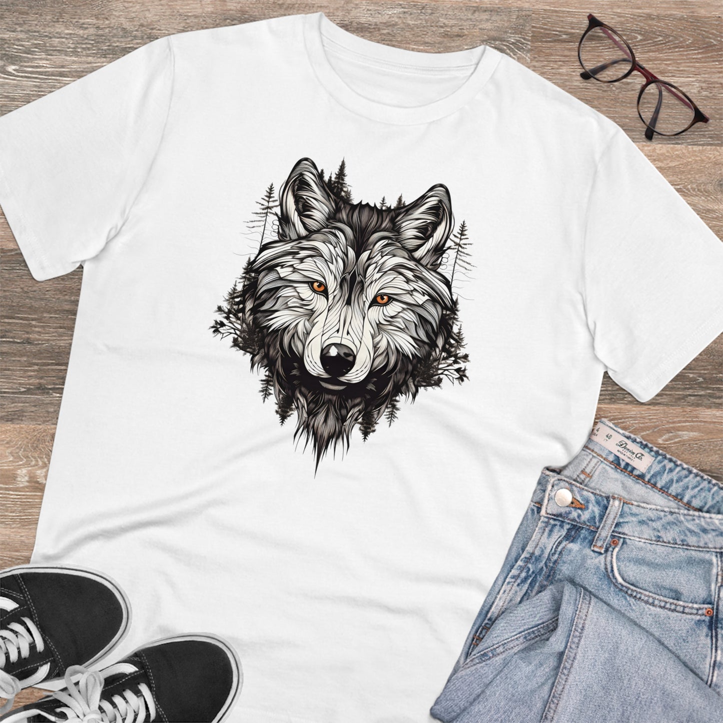 100% Organic Cotton T-shirt - Wild Design - Wolf Mix With Nature - Unisex